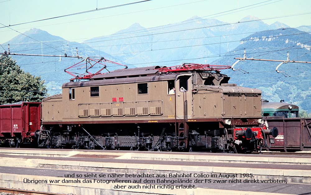 ... und so sieht sie nher betrachtet aus: Bahnhof Colico im August 1985.
brigens war damals das Fotografieren auf dem Bahngelnde der FS zwar nicht direkt verboten,
aber auch nicht richtig erlaubt.